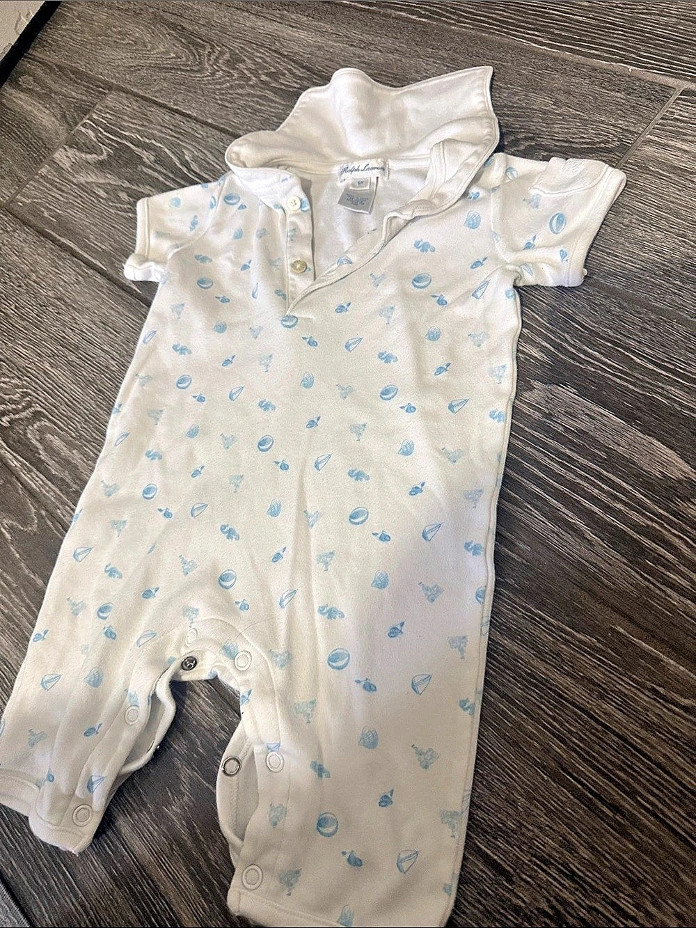 Ralph Lauren Baby Footie White & Blue Size 6M Like New